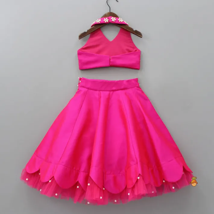Discount Halter Neck Pink Floral Embroidered Top And Scalloped Hem Lehenga With Flat Back Pearls Enhanced Ruffle Dupatta Ethnic Wear | Lehengas & Ghagras