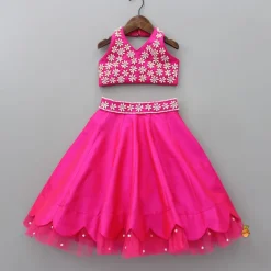 Discount Halter Neck Pink Floral Embroidered Top And Scalloped Hem Lehenga With Flat Back Pearls Enhanced Ruffle Dupatta Ethnic Wear | Lehengas & Ghagras