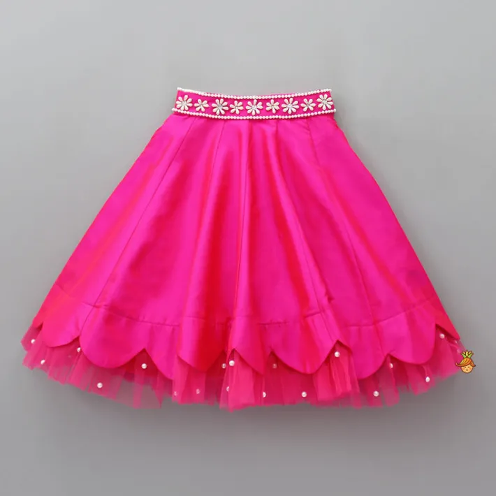 Discount Halter Neck Pink Floral Embroidered Top And Scalloped Hem Lehenga With Flat Back Pearls Enhanced Ruffle Dupatta Ethnic Wear | Lehengas & Ghagras