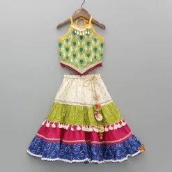 Outlet Halter Neck Thread Embroidered Top And Multi Printed Lehenga Ethnic Wear | Lehengas & Ghagras