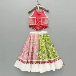 Hot Halter Neck Thread Embroidered Top And Frilly Hem Multicolour Lehenga Ethnic Wear | Lehengas & Ghagras
