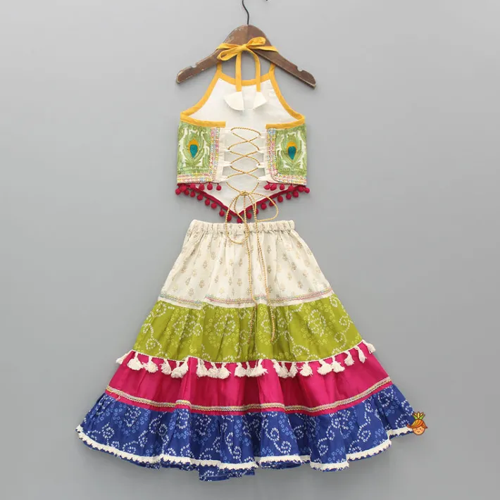 Outlet Halter Neck Thread Embroidered Top And Multi Printed Lehenga Ethnic Wear | Lehengas & Ghagras
