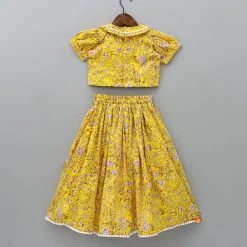 Outlet Hand Block Floral Printed Peter Pan Collar Detailed Top And Lehenga With Attached Sling Bag Ethnic Wear | Lehengas & Ghagras