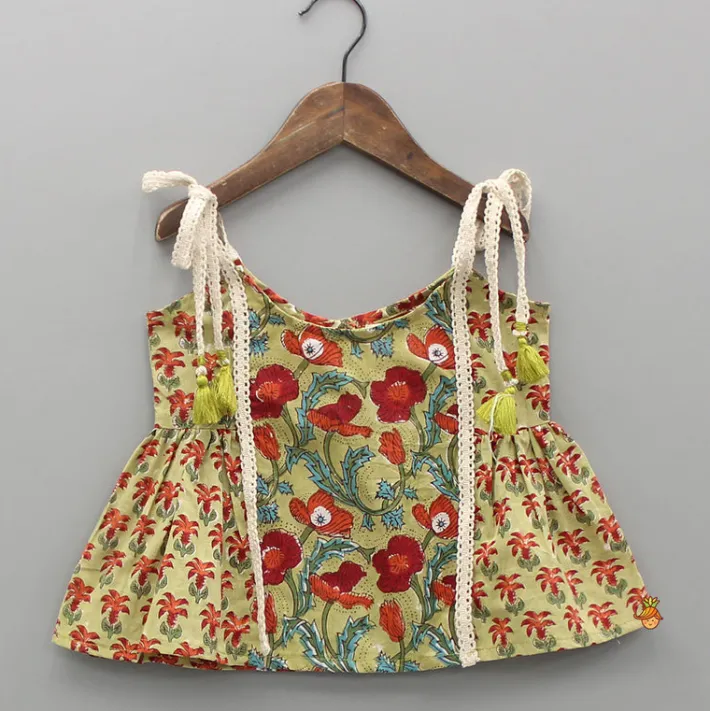 Fashion Hand Block Floral Printed Sage Green Top With Dhoti Ethnic Wear | Dhotis & Patialas