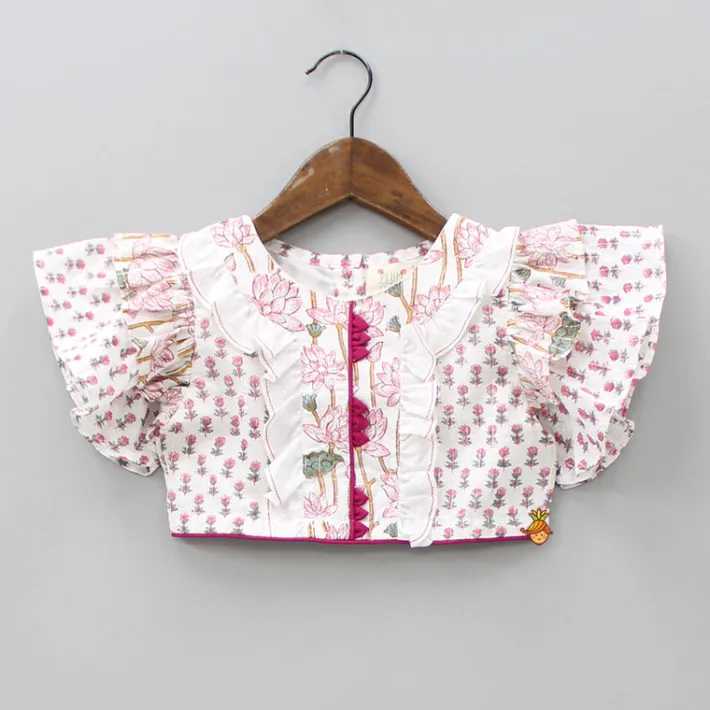 Sale Hand Block Floral Printed Pink Frilly Sleeves Top And Lehenga Ethnic Wear | Lehengas & Ghagras