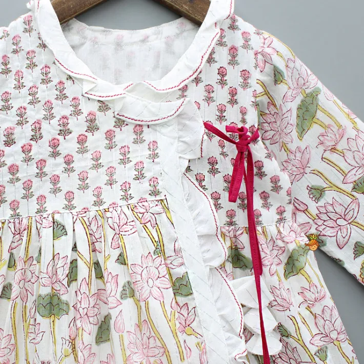 Online Hand Block Floral Printed Tie Up Pink Angarkha Dress Dresses & Sets | Dresses