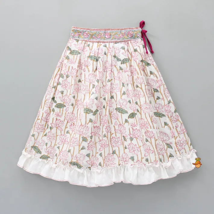 Sale Hand Block Floral Printed Pink Frilly Sleeves Top And Lehenga Ethnic Wear | Lehengas & Ghagras