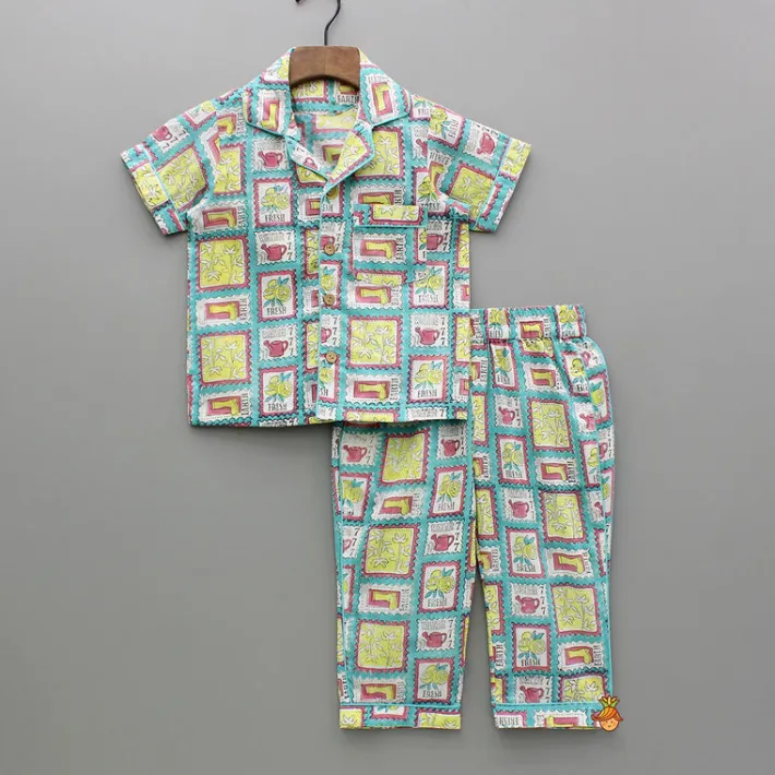 Fashion Hand Block Printed Multicolour Notch Collar Top And Pyjama BOY Sleep Wear | Sleepwear
