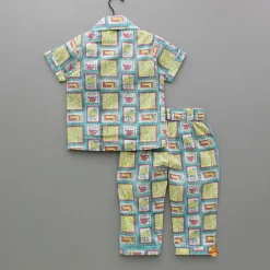 Fashion Hand Block Printed Multicolour Notch Collar Top And Pyjama BOY Sleep Wear | Sleepwear