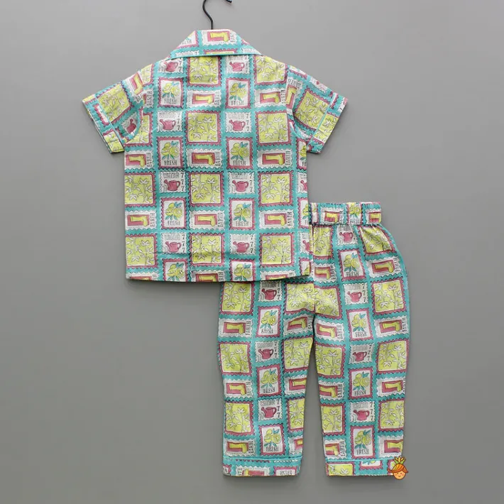 Fashion Hand Block Printed Multicolour Notch Collar Top And Pyjama BOY Sleep Wear | Sleepwear