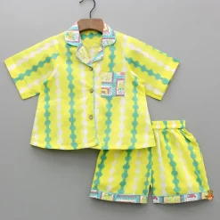 Online Hand Block Printed Notch Collar Top And Shorts BOY Sleep Wear | Sleepwear