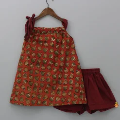 Fashion Hand Block Printed Tie Up Top And Burgundy Shorts Twinning Sets | Dresses & Sets