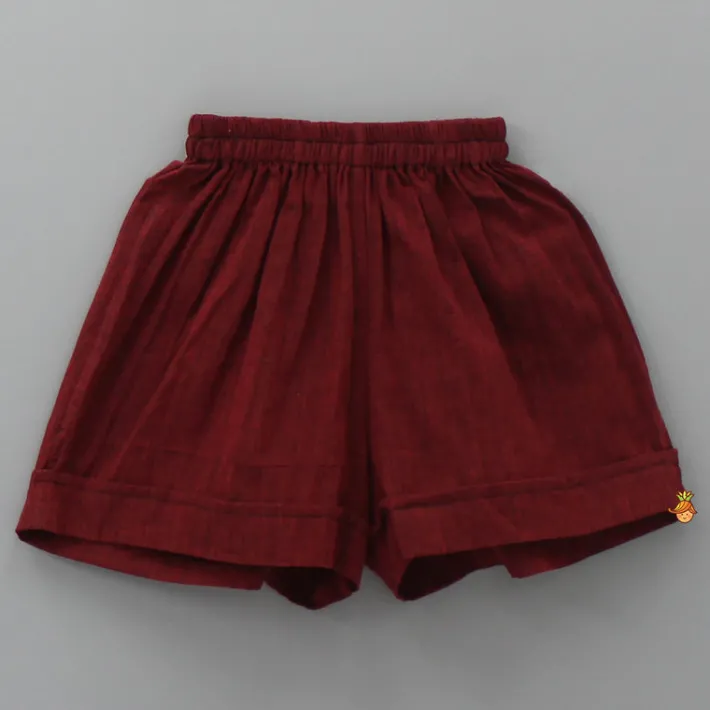 Fashion Hand Block Printed Tie Up Top And Burgundy Shorts Twinning Sets | Dresses & Sets