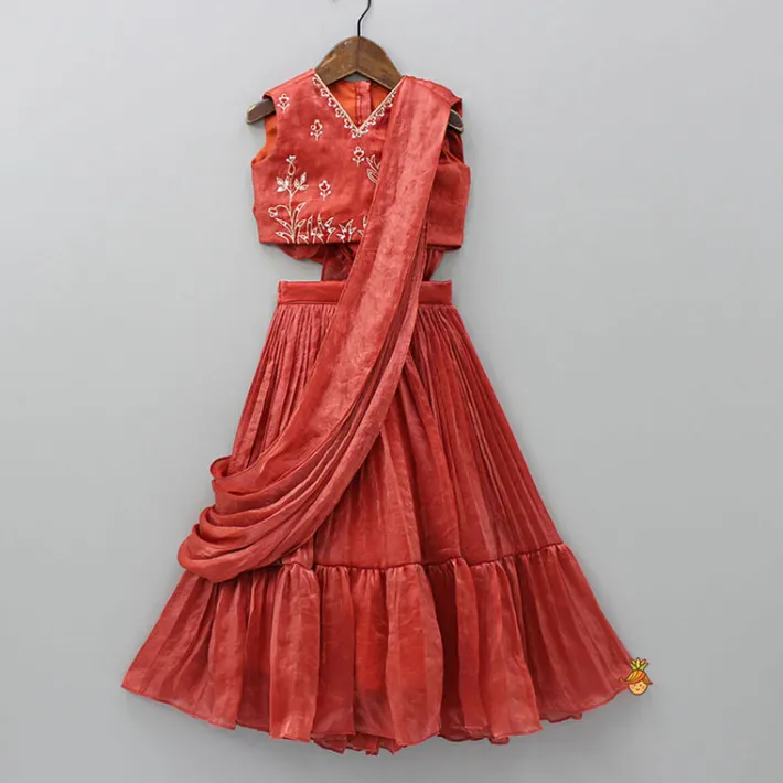 Sale Hand Embroidered Top And Pleated Lehenga With Attached Dupatta Ethnic Wear | Lehengas & Ghagras