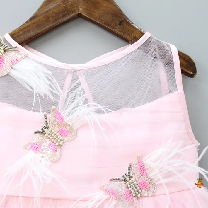 Fashion Handmade Butterfly Embroidered Ruffle Pink Net Gown Dresses & Sets | Gowns