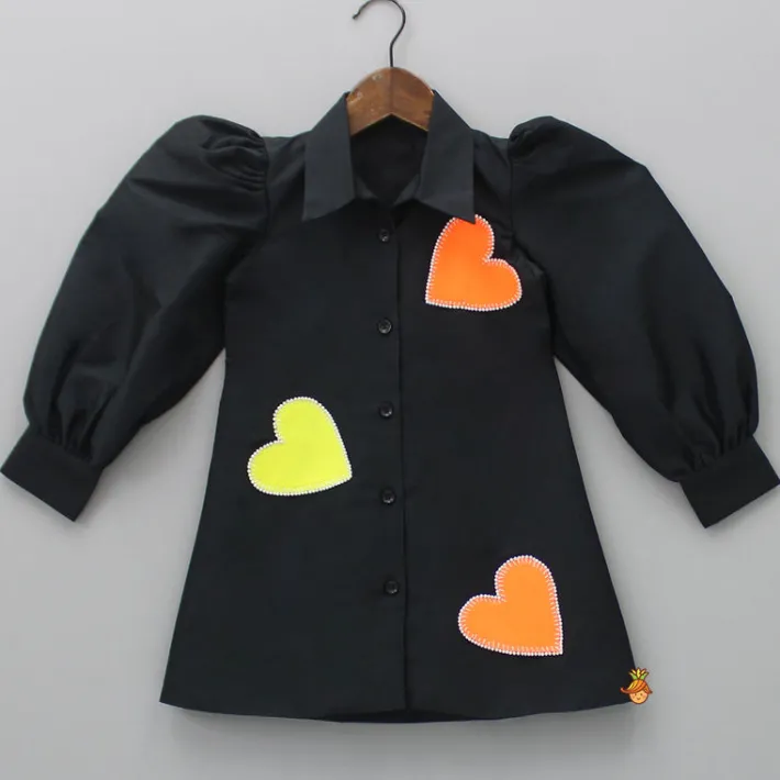 Outlet Heart Patch Work Black Collared Neck Dress Dresses & Sets | Dresses