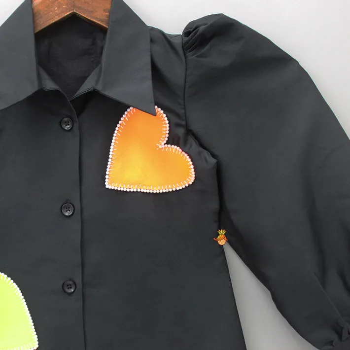 Outlet Heart Patch Work Black Collared Neck Dress Dresses & Sets | Dresses