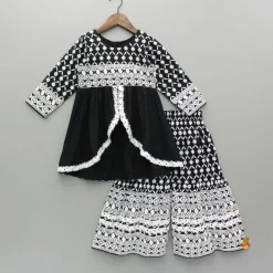 Online Intricate Embroidered Front Slit Black Kurti And Sharara Ethnic Wear | Palazzos & Shararas