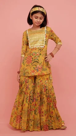 Best Intricate Yoke Gota Embroidered Mustard Printed Kurti And Pleated Sharara With Organza Sequined Dupatta Ethnic Wear | Palazzos & Shararas