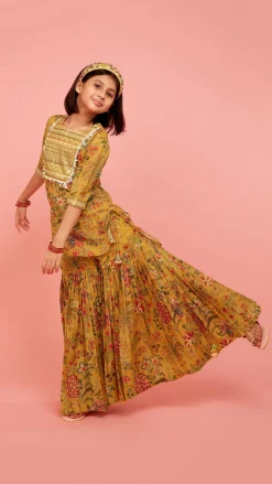 Best Intricate Yoke Gota Embroidered Mustard Printed Kurti And Pleated Sharara With Organza Sequined Dupatta Ethnic Wear | Palazzos & Shararas