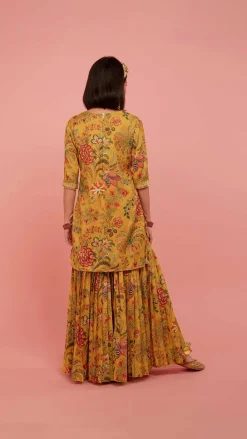 Best Intricate Yoke Gota Embroidered Mustard Printed Kurti And Pleated Sharara With Organza Sequined Dupatta Ethnic Wear | Palazzos & Shararas