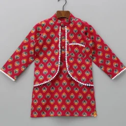 Best Jacket Style Red Printed Kurta And Pyjama BOY Indian Ethnic Wear | Ethnic Sets