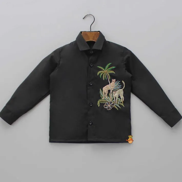 Clearance Jungle Theme Embroidered Black Shirt BOY Shirts & Tees