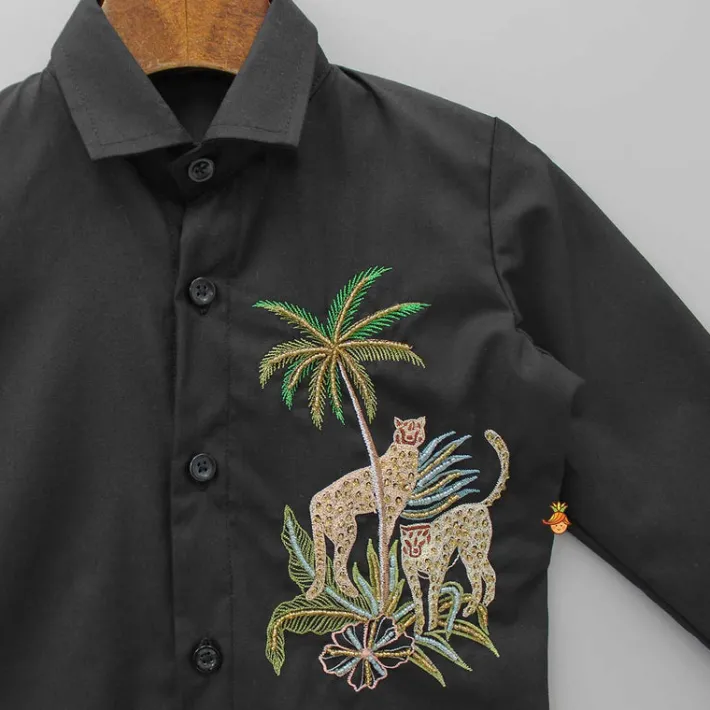 Clearance Jungle Theme Embroidered Black Shirt BOY Shirts & Tees