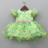 Fashion Jungle Theme Printed Green Puff Sleeves Dress With Sequined Belt Dresses & Sets | Dresses