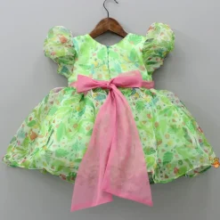 Fashion Jungle Theme Printed Green Puff Sleeves Dress With Sequined Belt Dresses & Sets | Dresses