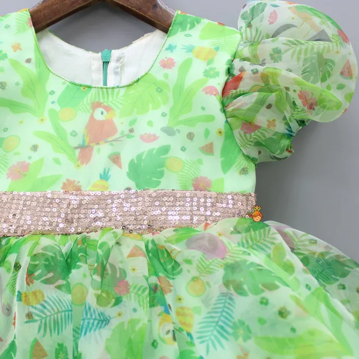 Fashion Jungle Theme Printed Green Puff Sleeves Dress With Sequined Belt Dresses & Sets | Dresses