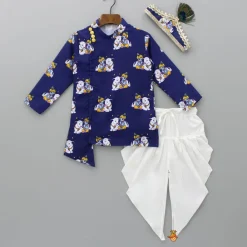 Outlet Krishna Printed Blue Kurta With Dhoti And Mukut BOY Indian Ethnic Wear | Ethnic Sets