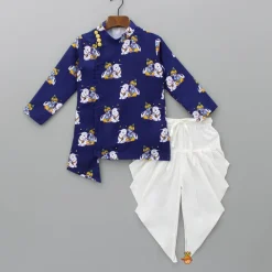 Outlet Krishna Printed Blue Kurta With Dhoti And Mukut BOY Indian Ethnic Wear | Ethnic Sets