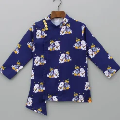 Outlet Krishna Printed Blue Kurta With Dhoti And Mukut BOY Indian Ethnic Wear | Ethnic Sets