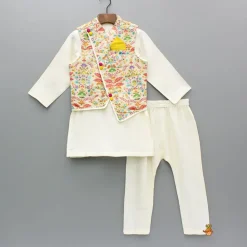 Online Kurta And Pyjama With Asymmetric Floral Printed Jacket BOY Indian Ethnic Wear | Ethnic Sets