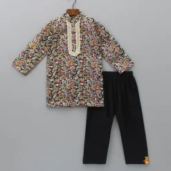 Clearance Lace Detail Front Placket Multicolour Printed Kurta And Black Pyjama BOY Twinning Sets | Indian Ethnic Wear