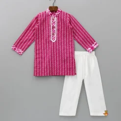 Clearance Lace Detail Front Placket Pink Printed Kurta And Pyjama BOY Indian Ethnic Wear | Ethnic Sets