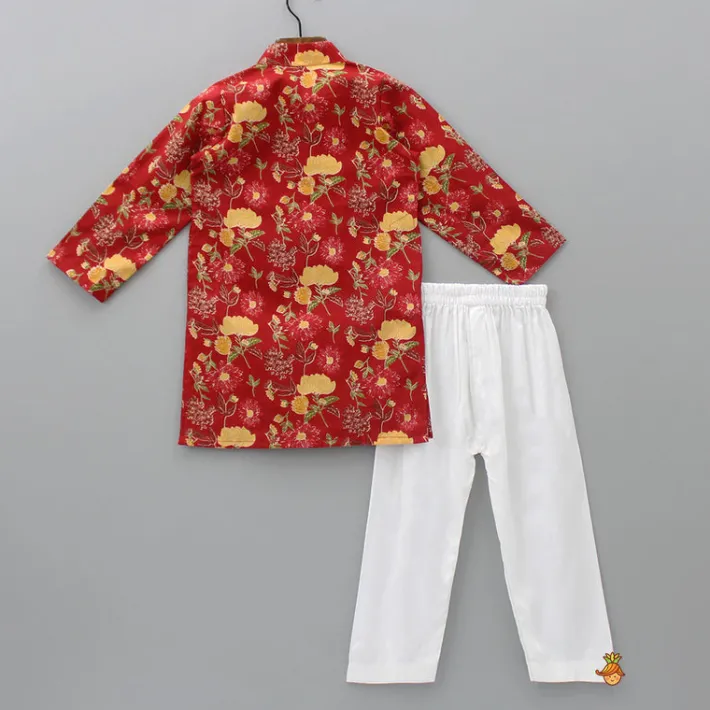 Discount Lace Detail Front Placket Red Printed Kurta And Pyjama BOY Indian Ethnic Wear | Ethnic Sets