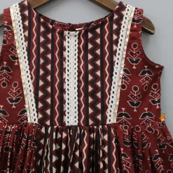 Outlet Lace Detail Yoke Printed Brown Kurti Twinning Sets | Ethnic Wear