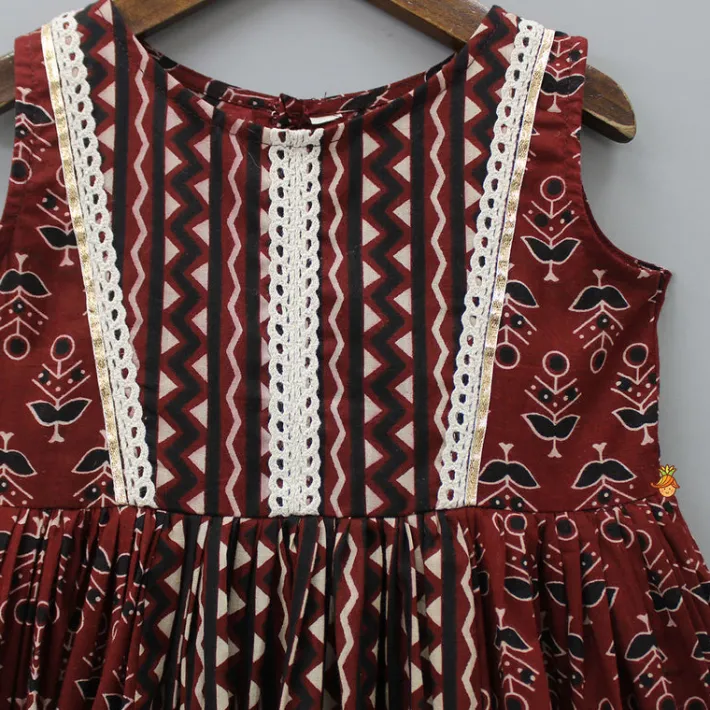 Outlet Lace Detail Yoke Printed Brown Kurti Twinning Sets | Ethnic Wear