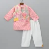 Fashion Lace Detailed Front Placket Mandarin Collar Pink Kurta With Floral Jacket And Pyjama BOY Indian Ethnic Wear | Ethnic Sets