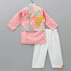 Fashion Lace Detailed Front Placket Mandarin Collar Pink Kurta With Floral Jacket And Pyjama BOY Indian Ethnic Wear | Ethnic Sets