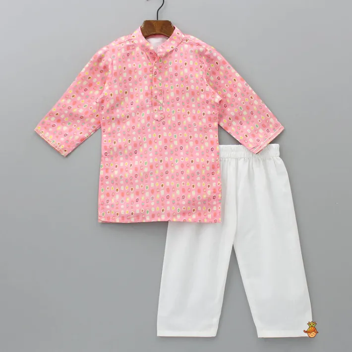 Fashion Lace Detailed Front Placket Mandarin Collar Pink Kurta With Floral Jacket And Pyjama BOY Indian Ethnic Wear | Ethnic Sets