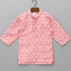 Fashion Lace Detailed Front Placket Mandarin Collar Pink Kurta With Floral Jacket And Pyjama BOY Indian Ethnic Wear | Ethnic Sets