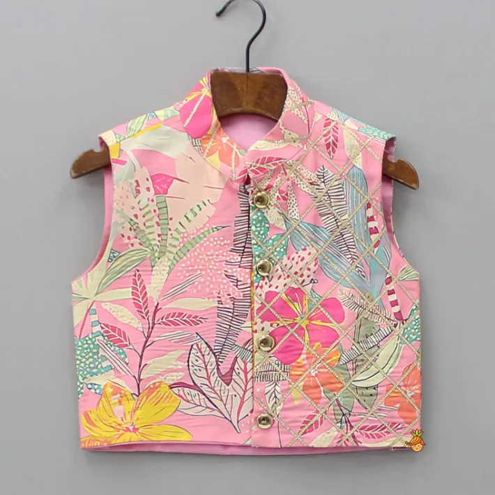 Fashion Lace Detailed Front Placket Mandarin Collar Pink Kurta With Floral Jacket And Pyjama BOY Indian Ethnic Wear | Ethnic Sets