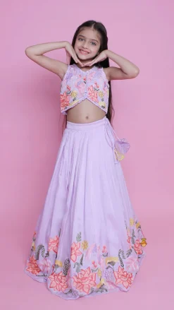 Clearance Lavender Embroidered Pleated Top And Lehenga Twinning Sets | Ethnic Wear