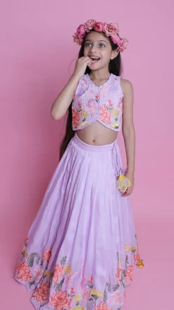 Clearance Lavender Embroidered Pleated Top And Lehenga Twinning Sets | Ethnic Wear