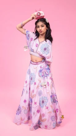Outlet Lavender Floral Printed Embroidered Top With Flared Lehenga And Dupatta Ethnic Wear | Lehengas & Ghagras