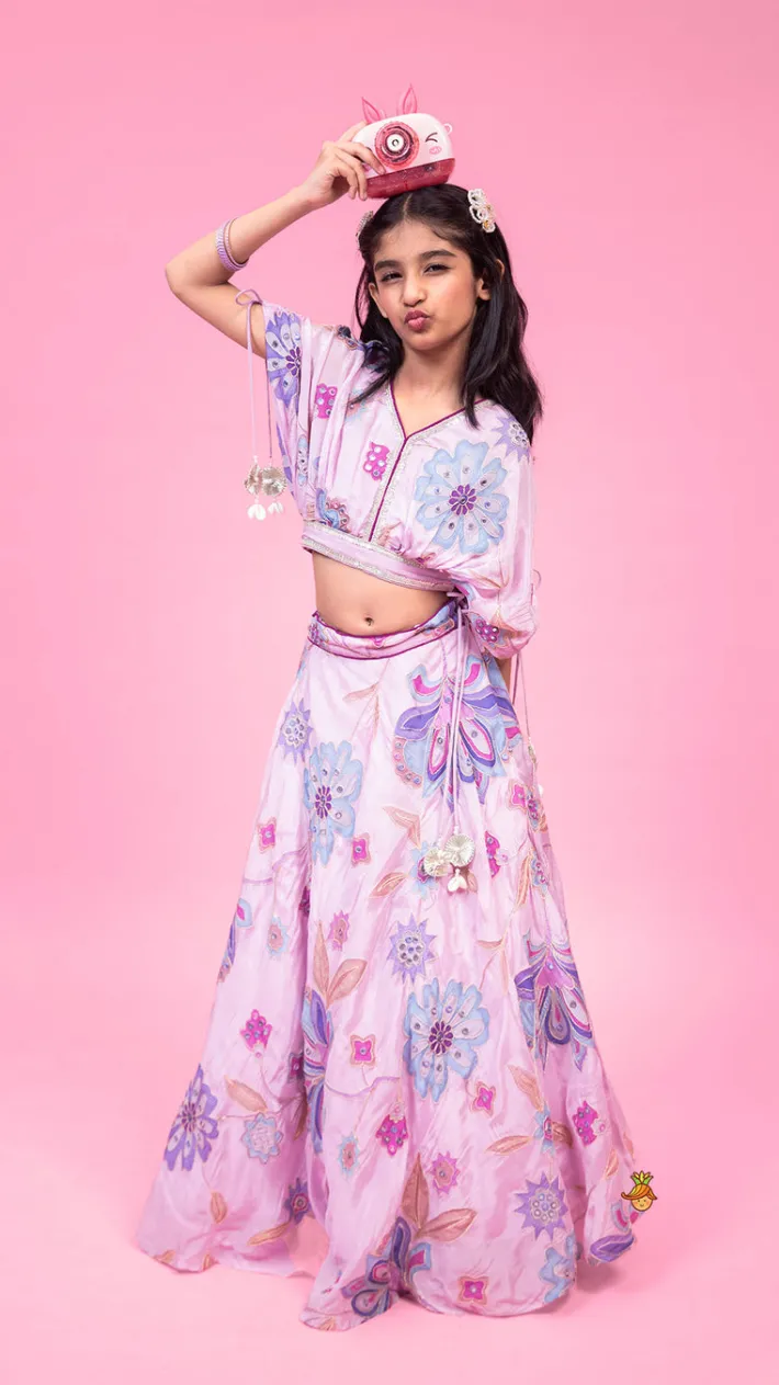Outlet Lavender Floral Printed Embroidered Top With Flared Lehenga And Dupatta Ethnic Wear | Lehengas & Ghagras