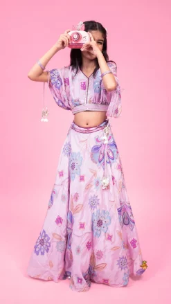 Outlet Lavender Floral Printed Embroidered Top With Flared Lehenga And Dupatta Ethnic Wear | Lehengas & Ghagras